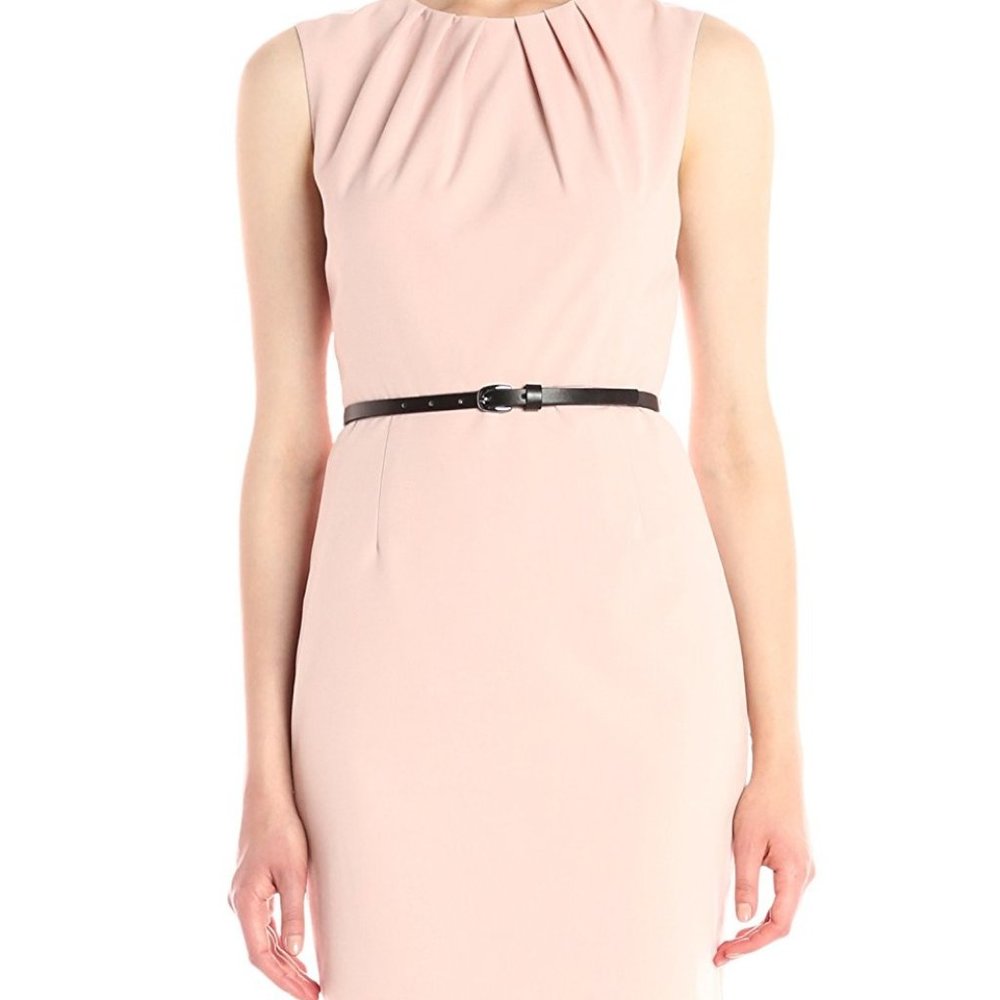Shell Pink Pleat Neck Belted Sheath Dress